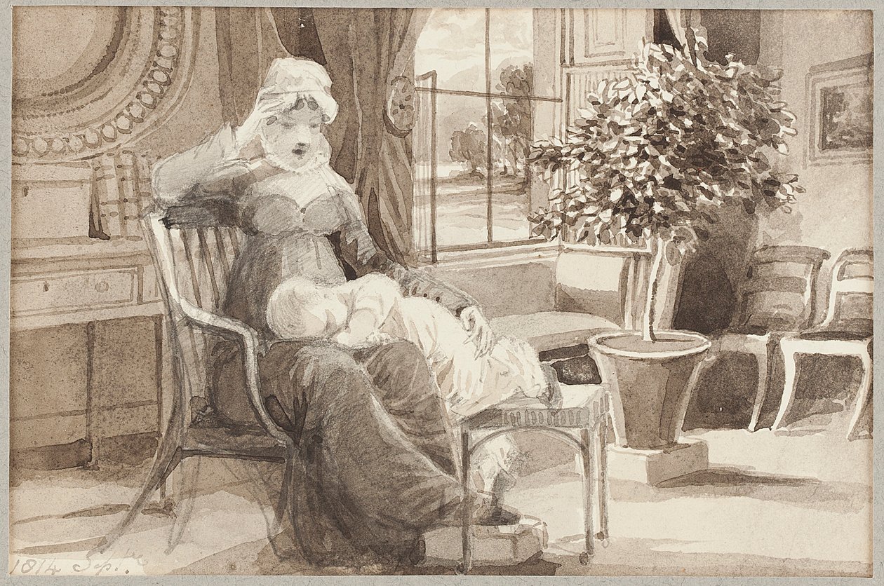 Bayan H, bebek John William ile, 1814 (kağıt üzerinde wc) by John Harden