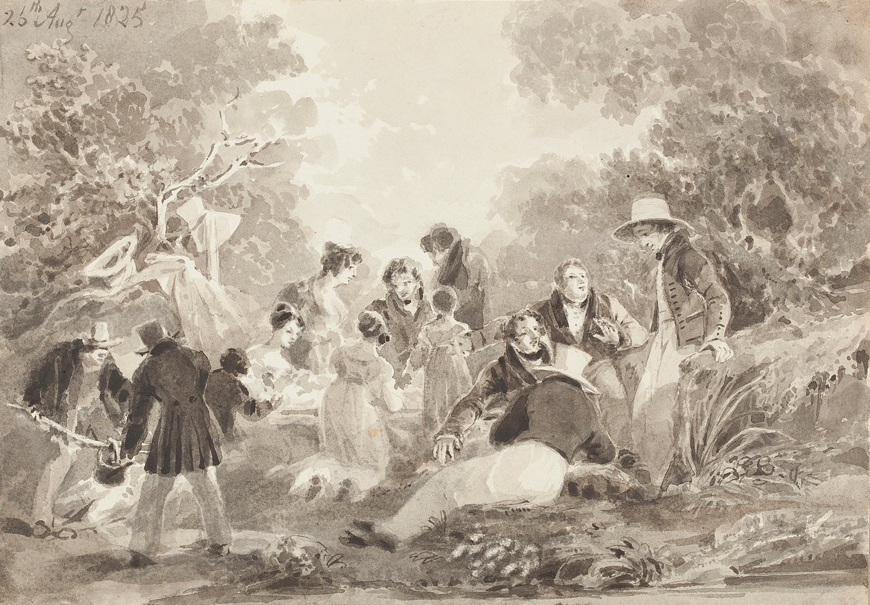 Göl kenarında piknik, 1825 (kağıt üzerinde wc) by John Harden