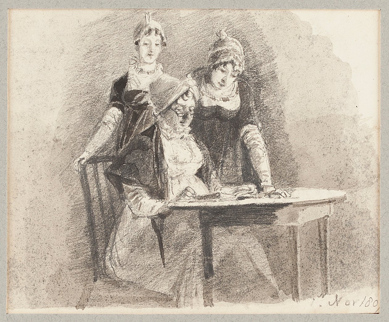 Üçü bir masada, bir oturma, 1807 (kalem ve kağıt üzerinde yıkama) by John Harden