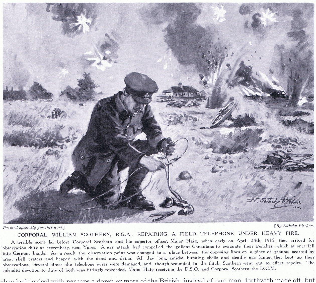 Onbaşı William Scothern RGA, yoğun ateş altında bir saha telefonunu tamir eden DCM Ypres May 1915 ödülüne layık görüldü by John Harris Valda