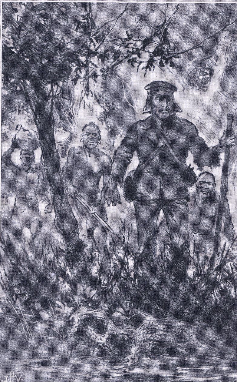 Livingstone aslana ateş etti, ancak aslan ona saldırdı ve omzunu ısırdı ve sol kolunu kırdı, Newnes tarafından yayınlanan Newnes Resimli Bilgi, 1950