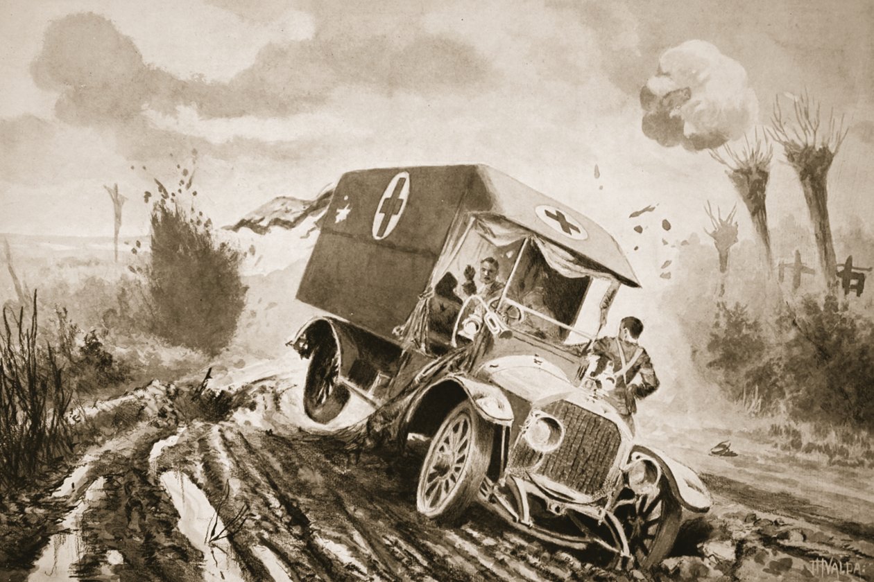 Er Adams, ateş altındayken bir mermi deliğine giren bir motorlu ambulansta yaralıların yardımına gidiyor by John Harris Valda