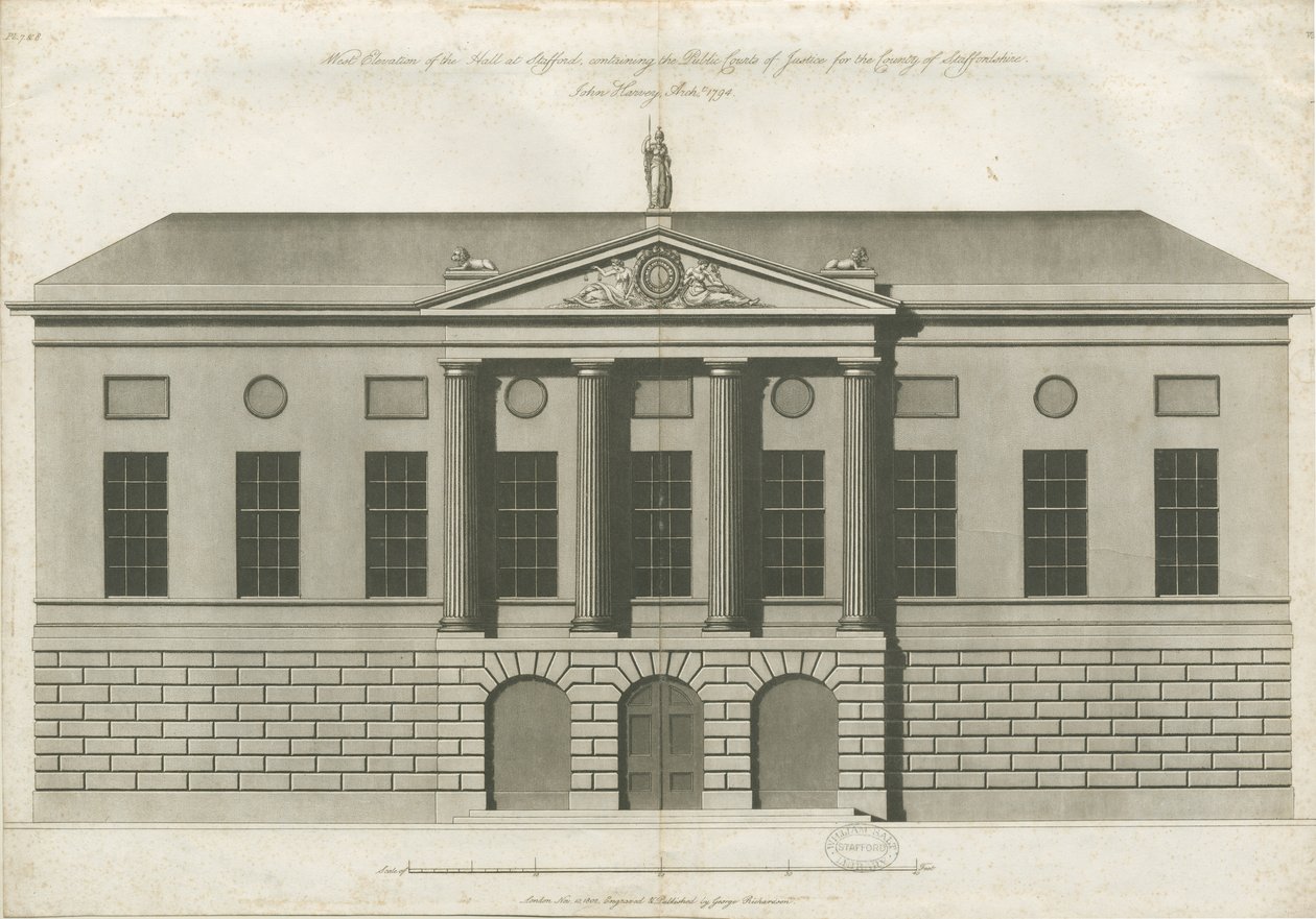 Stafford - Shire Hall: aquatint gravürü by John Harvey