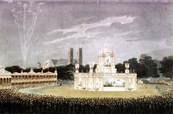 Napolyon'un yenilgisini kutlamak için Green Park'ta düzenlenen havai fişek gösterisi, Matthew Dubourg pub tarafından oyulmuş. 1814 (gravür) by John Heaviside (after) Clark