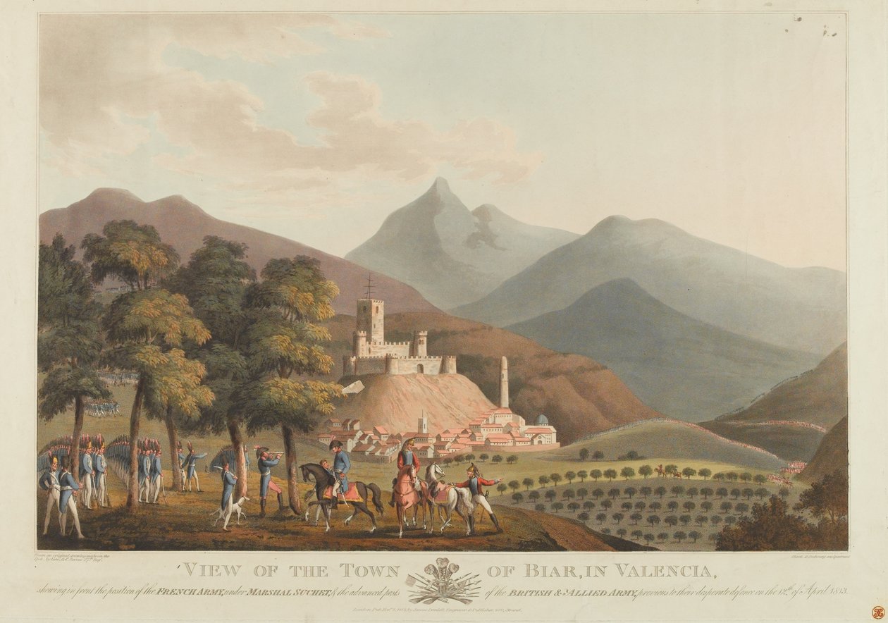 Dubourg tarafından oyulmuş Briar, Valensiya kasabasının bir görünümü, 1814 (renkli aquatint) by John Heaviside Clark