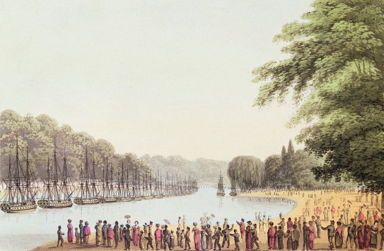 Matthew Dubourg (fl.1813-20) 1814 tarafından oyulmuş Serpantin Nehri üzerindeki Filo by John Heaviside Clark