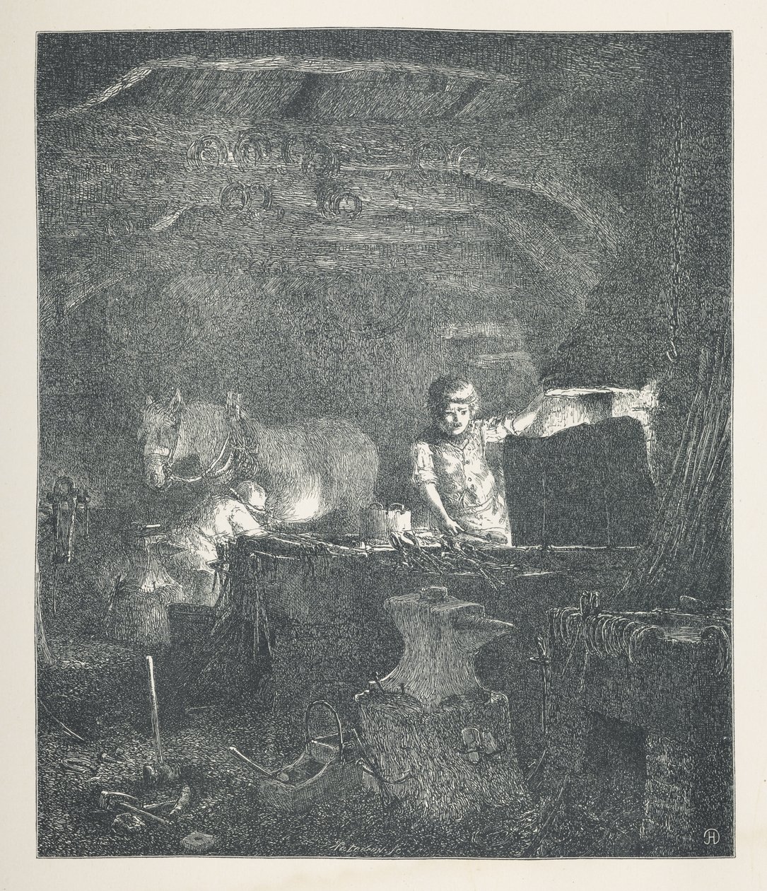 Plaka 13. Bir demirci.  Doğa Resimleri. J. H. Dell tarafından ahşap üzerine çizilmiş ve R. Paterson tarafından oyulmuş otuz orijinal illüstrasyon serisi.  John Henry Dell by John Henry Dell