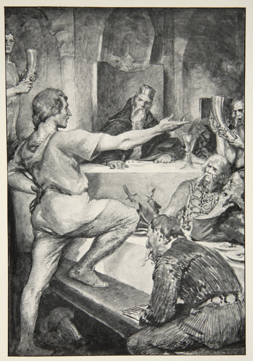 Beowulf, MI Ebbutt, 1910 tarafından yazılan 'İngiliz Irkının Kahraman Mitleri ve Efsaneleri'nden Hunferth'e kibirli bir şekilde yanıt verir. by John Henry Frederick Bacon