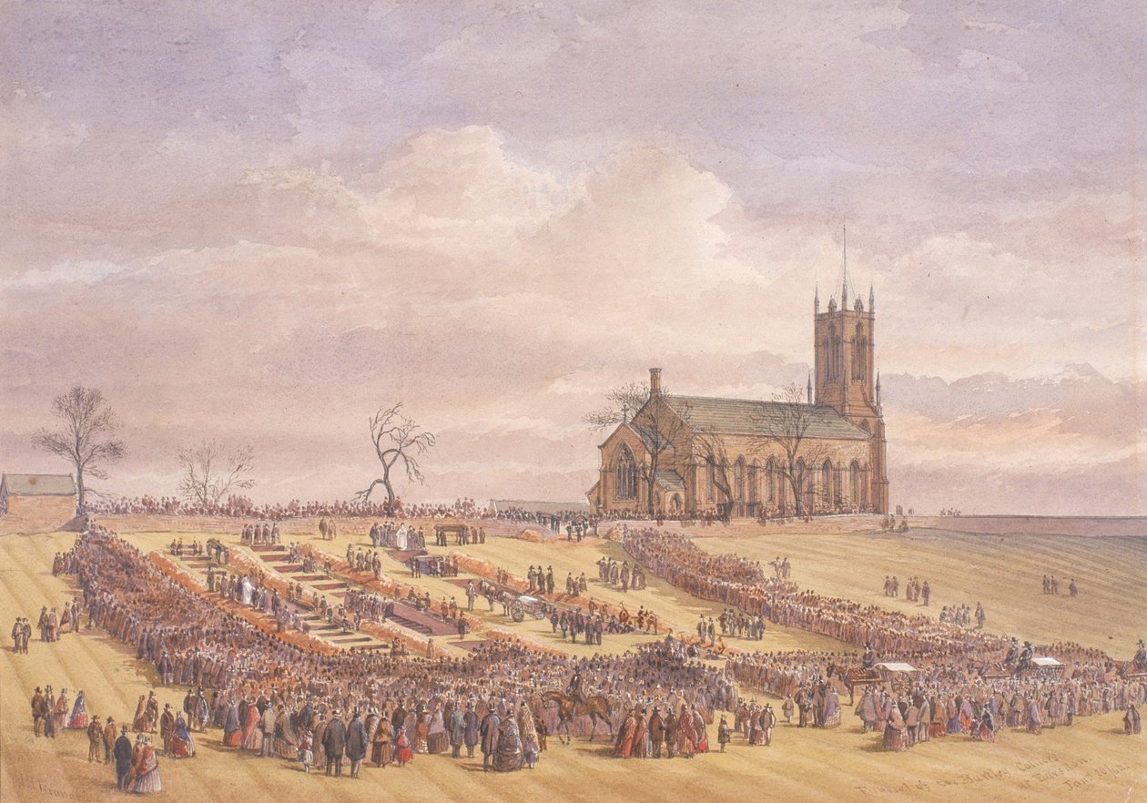 Earsdon Churchyard'daki Hartley Colliery Felaketi Kurbanlarının Mezarı, 26 Ocak 1862 (kağıt üzerine suluboya) by John Henry Leonard