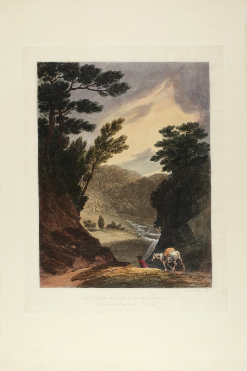 Schuylkill Şelaleleri Yakınında Görünüm, Pennsylvania, Amerikan Manzarasının Pitoresk Manzaralarının ilk sayısının beşinci plakası, 1819-21 by John Hill