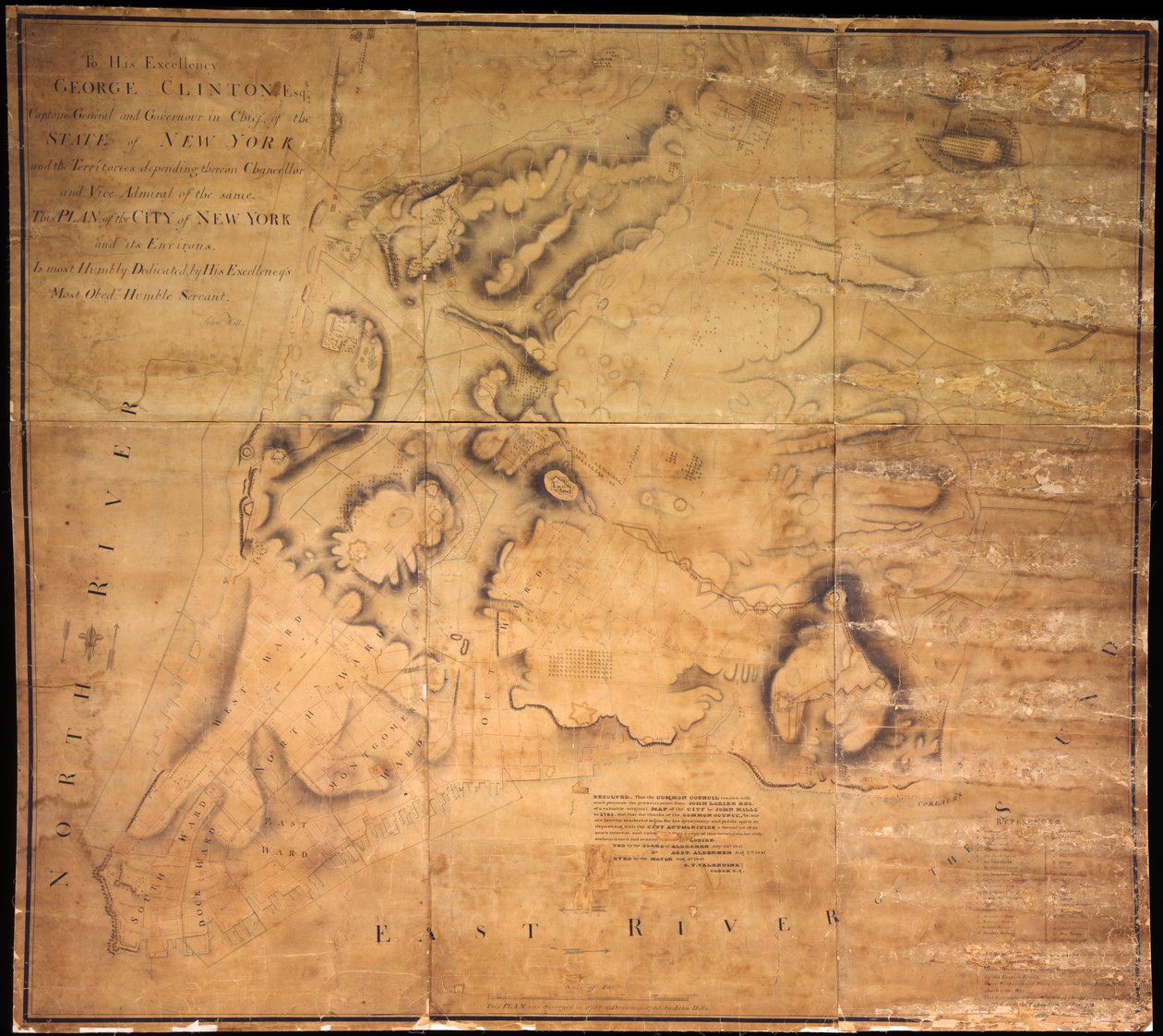 Ekselansları George Clinton, Esq. . . .New York Şehri ve çevresinin bu planı. . ., 1785 (siyah ve renkli mürekkep, siyah kurşun kalem ve kumaşla desteklenmiş kağıt üzerinde renkli yıkama) by John Hills