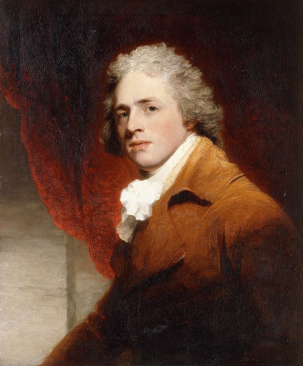 Bir Beyefendinin Portresi, Yarım Boy, Kahverengi Beyaz Bir Destede, Arkasında Kırmızı Bir Perde, by John Hoppner