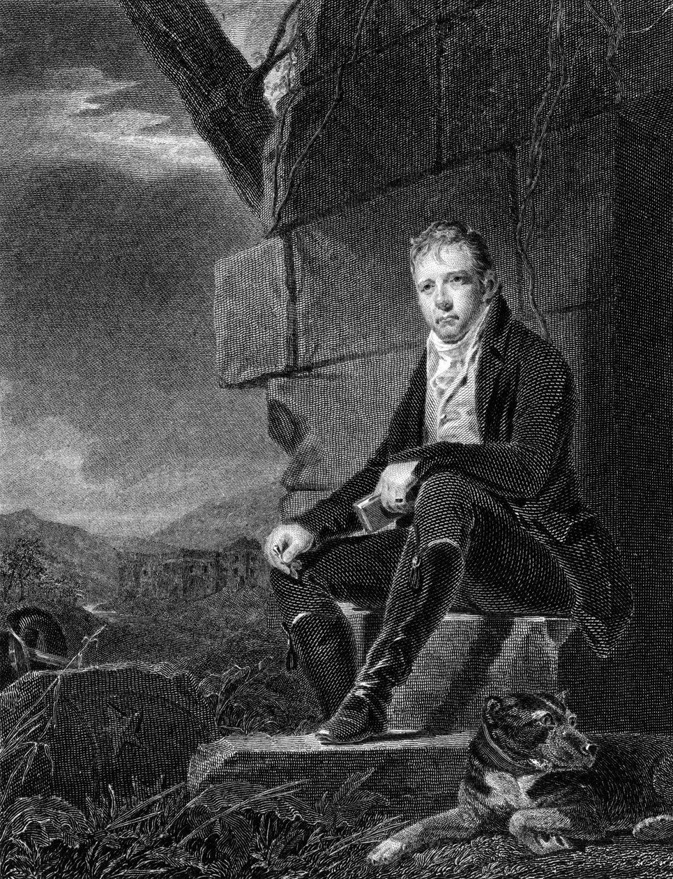 Walter Scott, İskoç şair ve romancı, bir taşın üzerine oturmuş, yanında bir köpek, 1808 by John Horsburgh