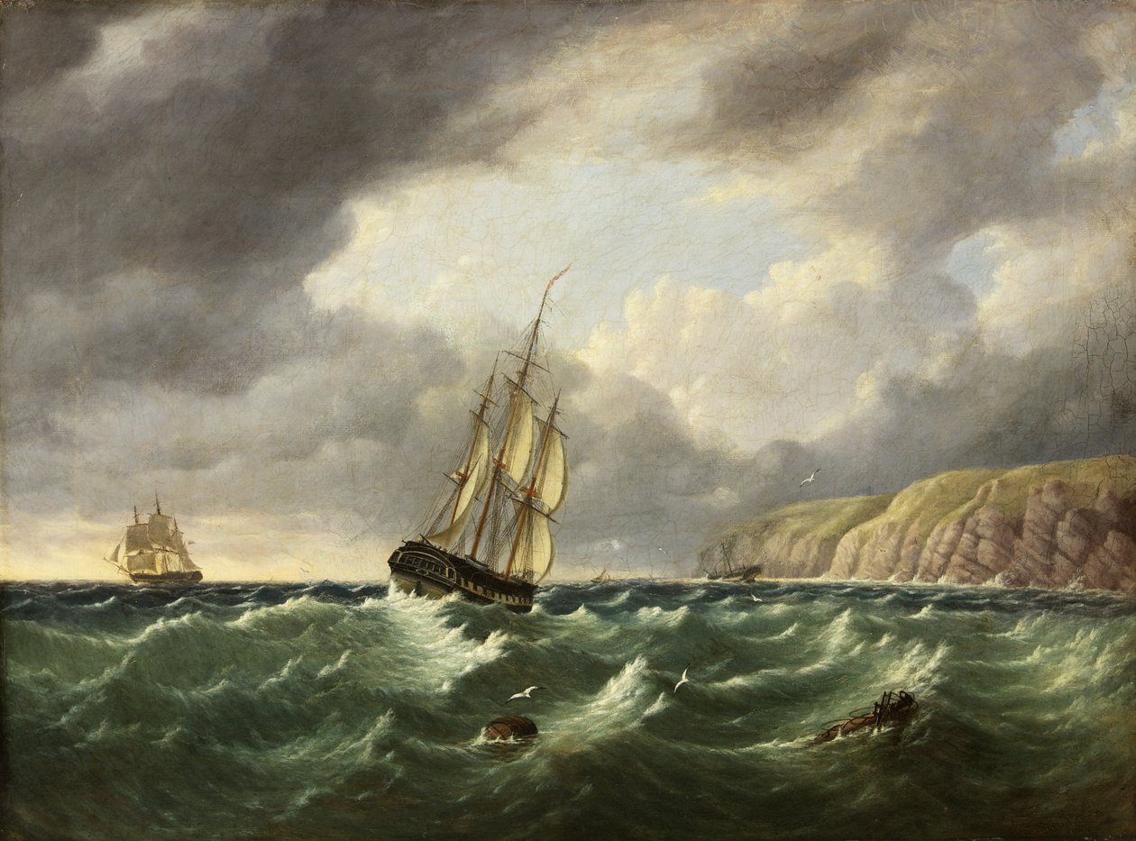 İki Gemi ve Kayalıklarla Deniz Manzarası by John I. Harvey