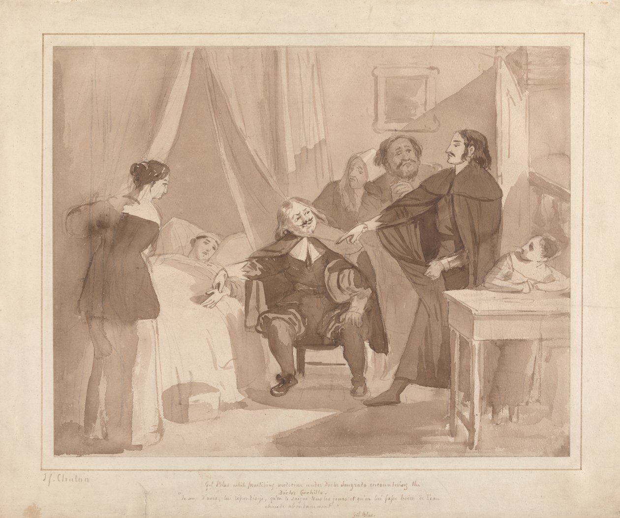 Gil Blas, Dr. Sangrado altında Hekimlik Yaparken, Bakkalın Başucunda Dr. Cuchillo ile Karşılaştı by John James Chalon