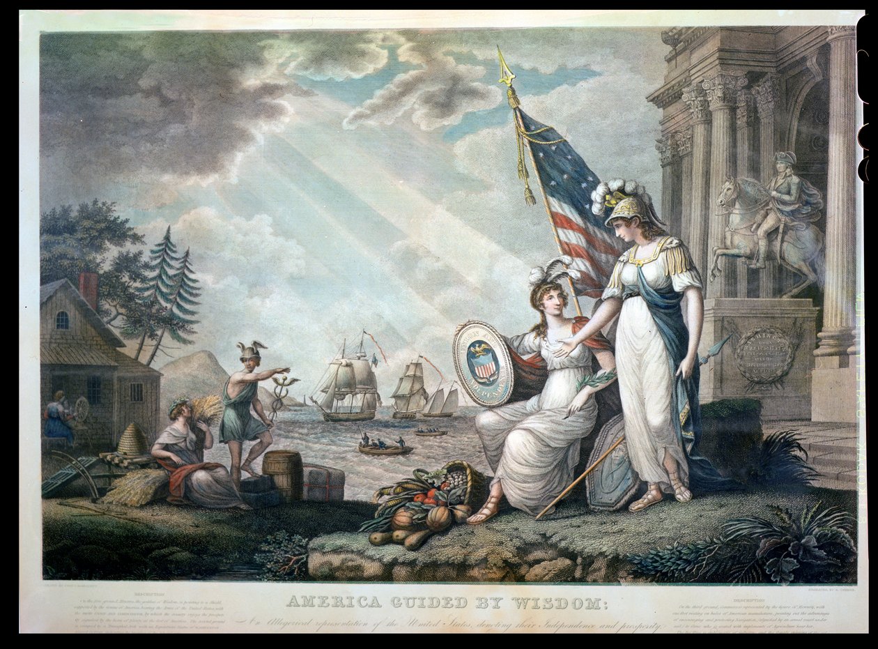 Amerika, Bilgeliğin Rehberliğinde, 1815, Benjamin Tanner (1775-1848) tarafından kazınmıştır. by John James after Barralet