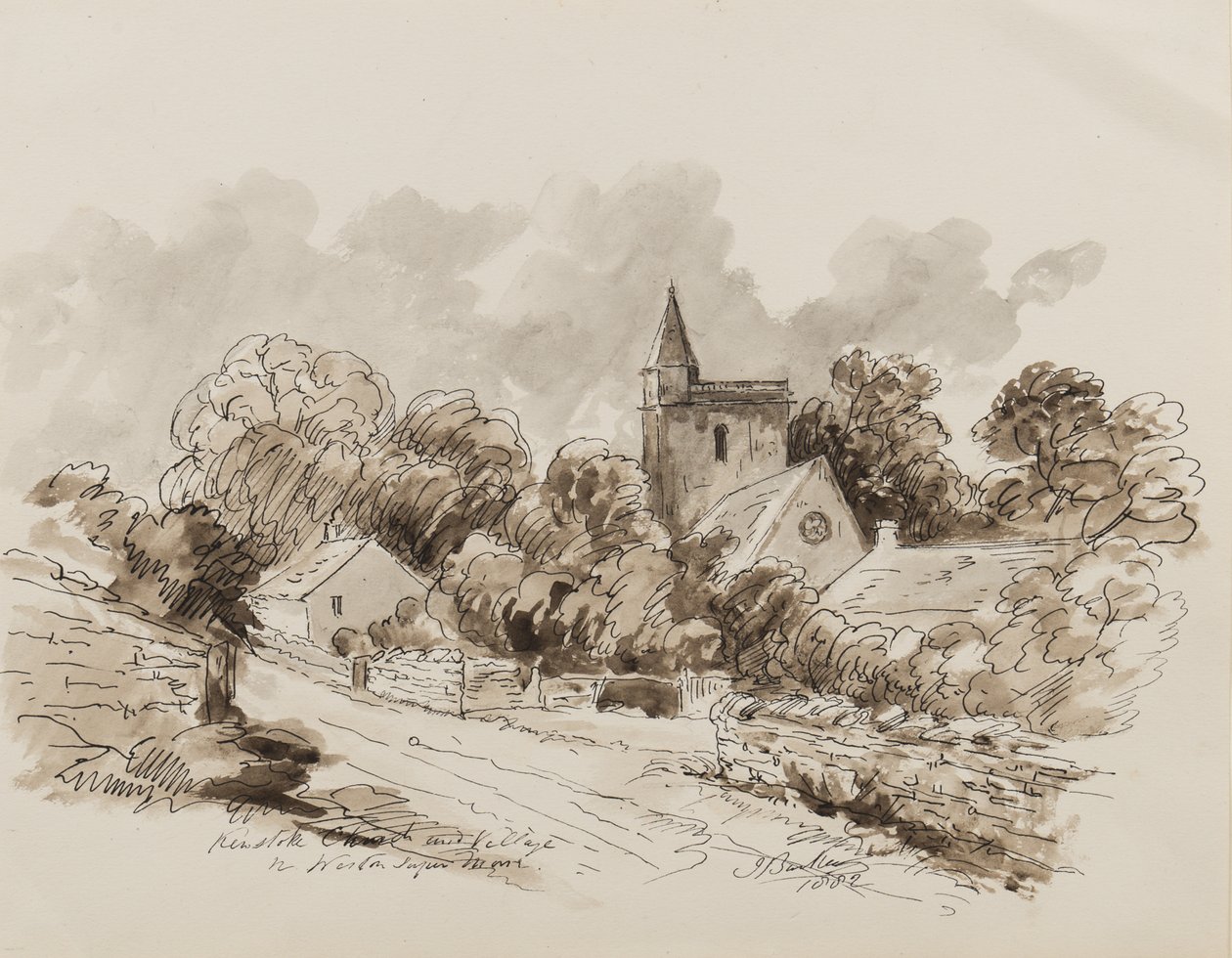 Kewstoke Kilisesi ve Köyü, Weston Super Mare, Somerset, 1882 (kağıt üzerinde kalem, fırça ve mürekkep) by John Joseph Barker