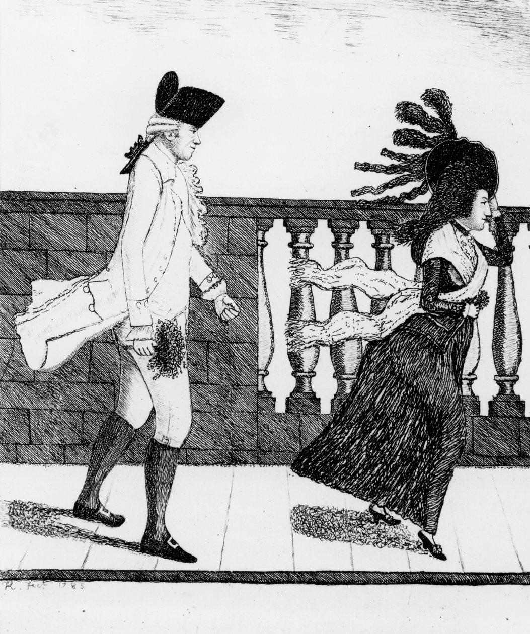 Dr James Graham şiddetli bir rüzgarda Kuzey Köprüsü boyunca ilerliyor, 1785 by John Kay