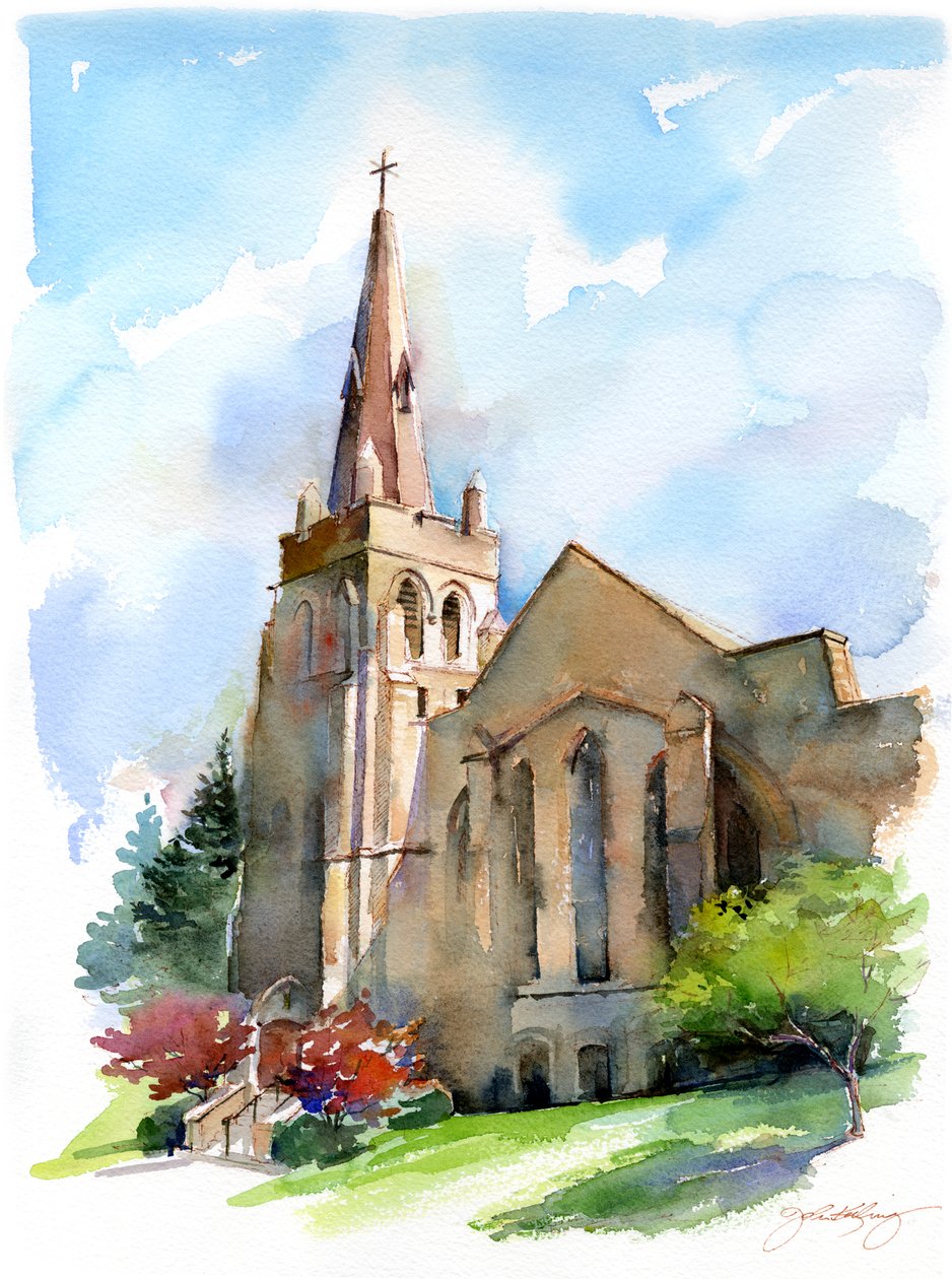 Çan kulesi olan kilise, 2016, (suluboya) by John Keeling