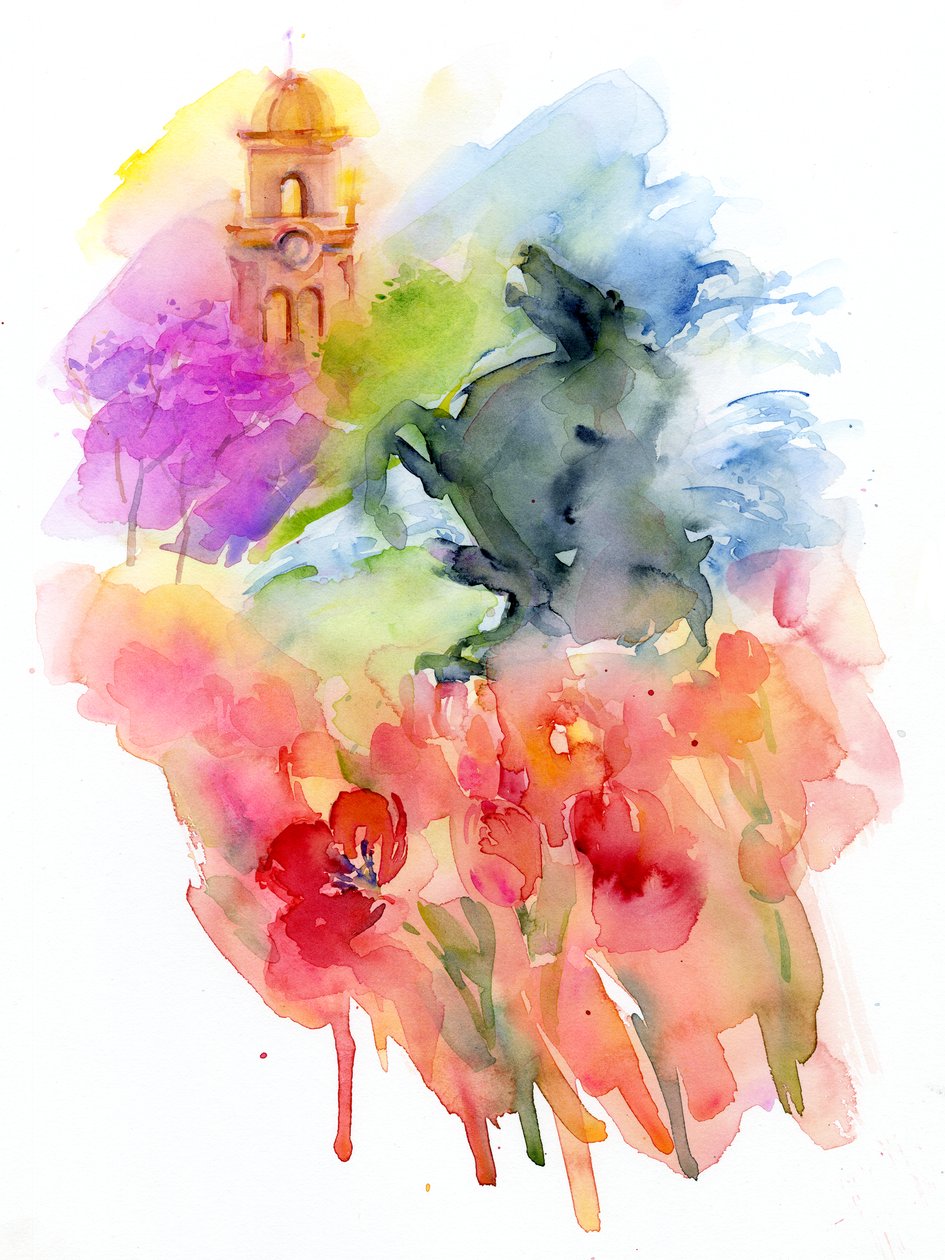 Kırmızı Laleli Plaza, 2016, (suluboya) by John Keeling