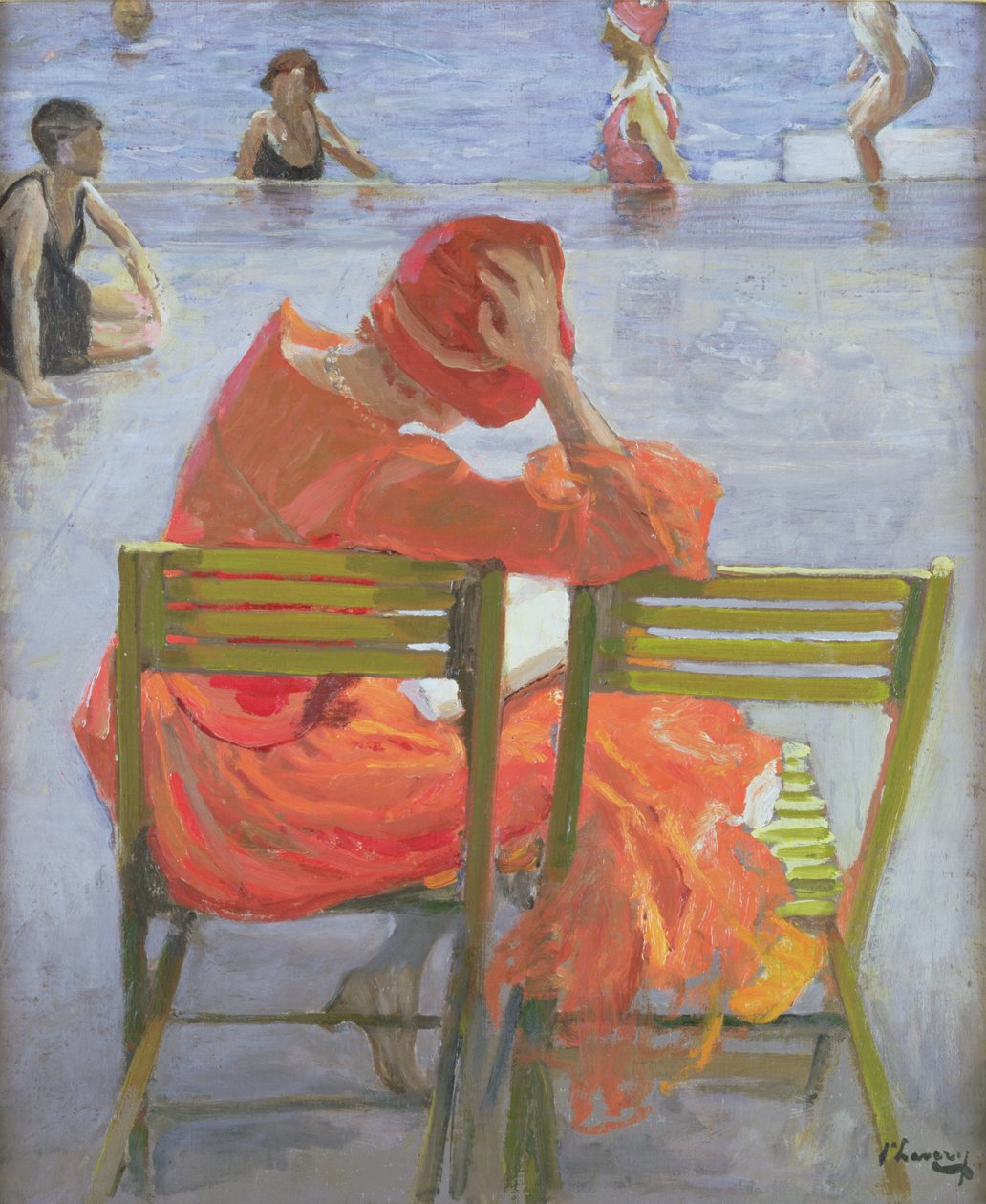 Yüzme havuzunun yanında okuma kırmızı elbiseli kız by John Lavery