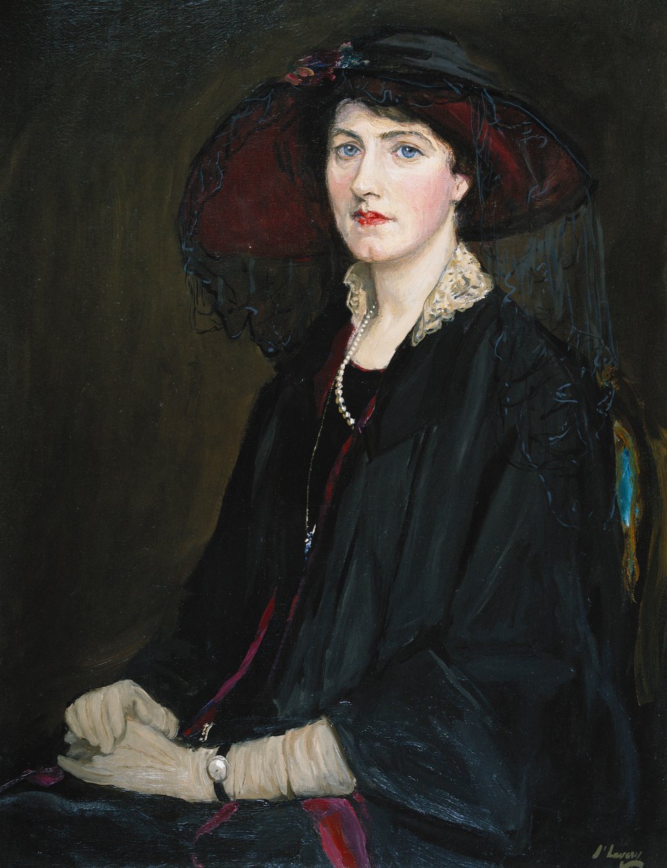 Dantel Yakalı Ceketli, İnci Kolyeli ve siyah şapkalı Lady Raeburn