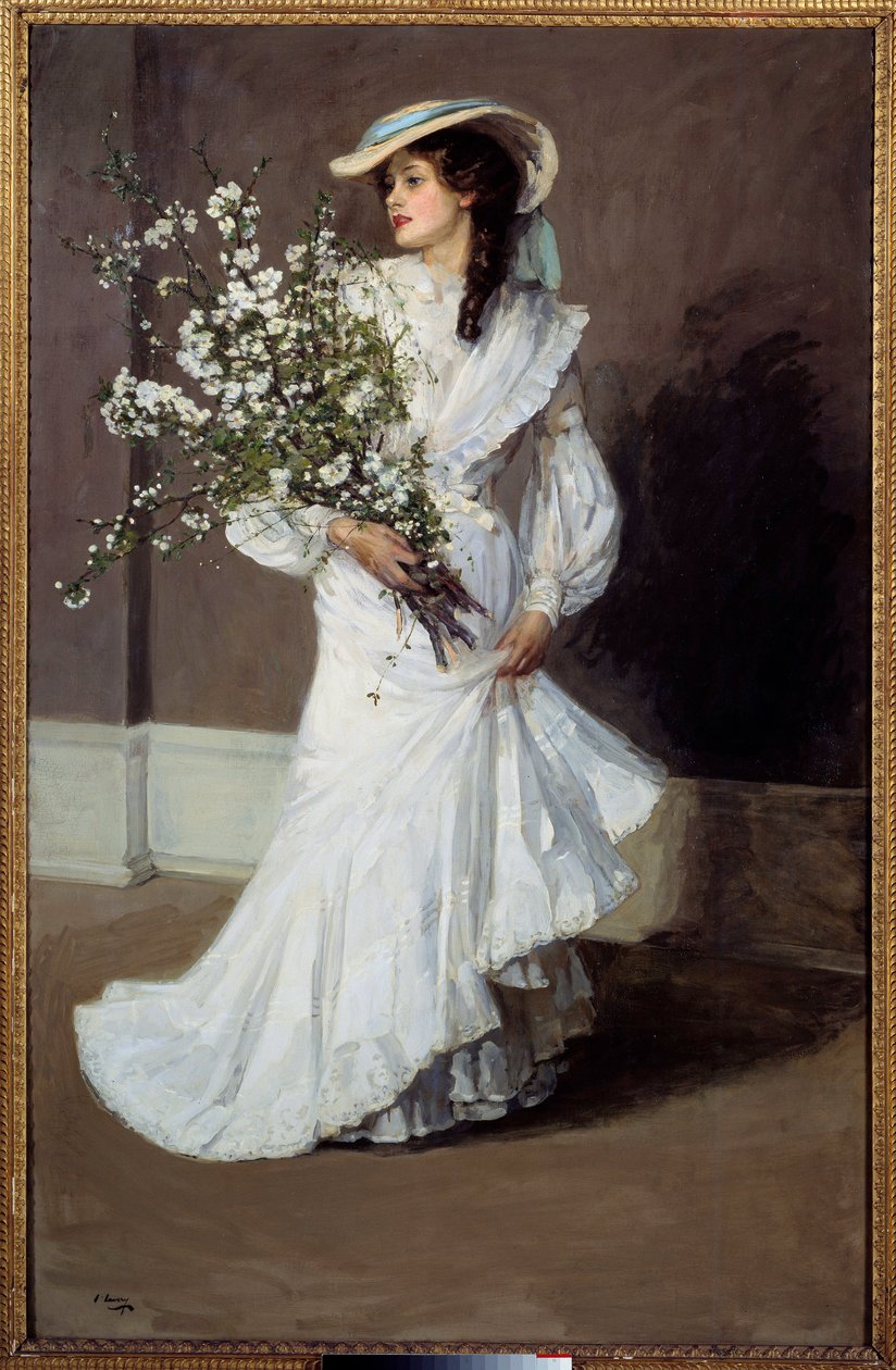 Bahar. Bahar alegorisi: bir buket çiçekle beyaz giyinmiş bir kadının portresi. Sir John Lavery'nin (1856-1941) tablosu by John Lavery