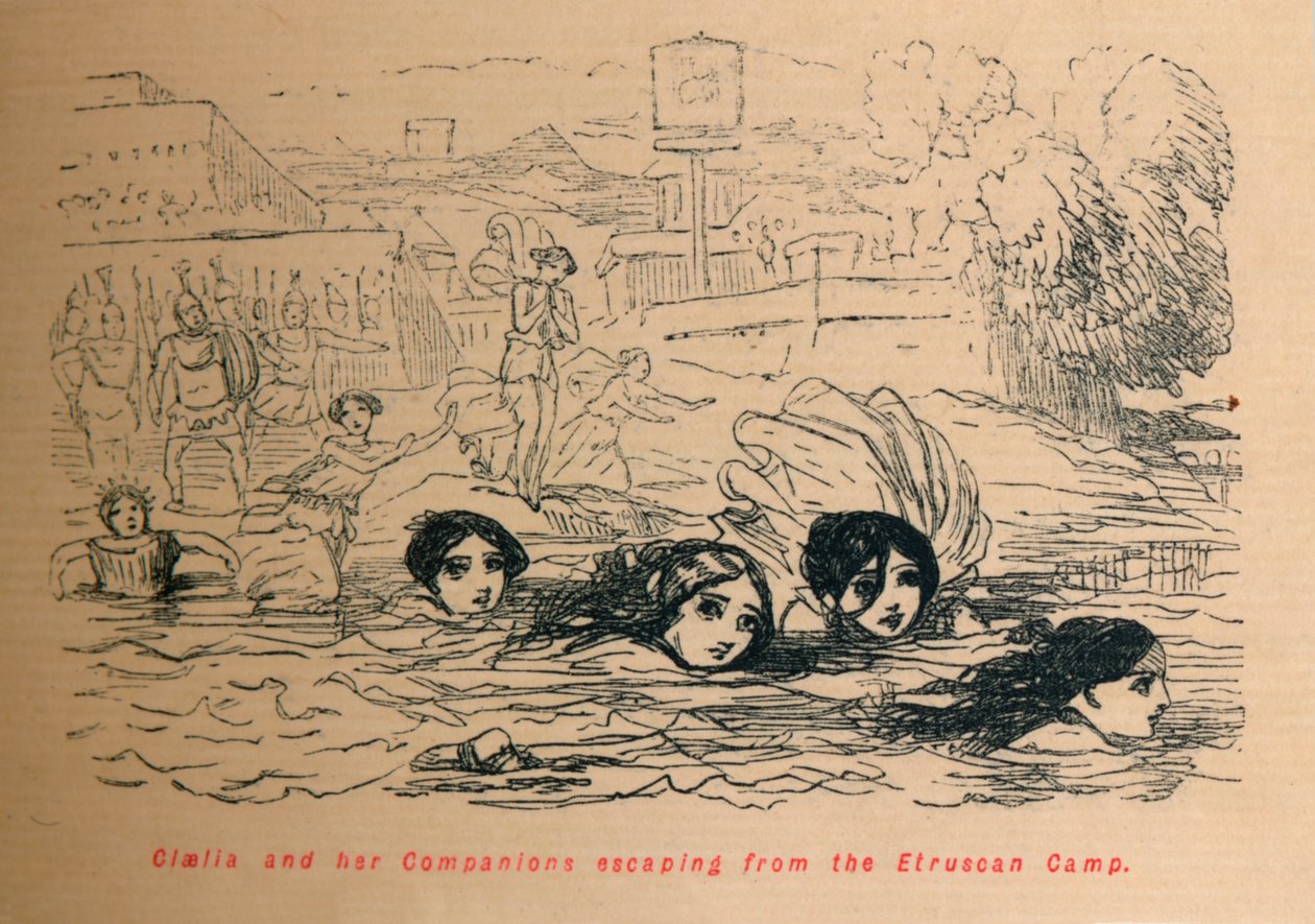 Cloelia ve Yoldaşları Etrüsk Kampından kaçarken, 1852 by John Leech