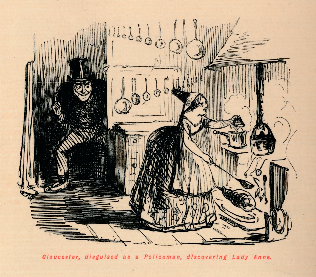 Polis kılığına girmiş Gloucester, Leydi Anne'yi keşfederken, by John Leech