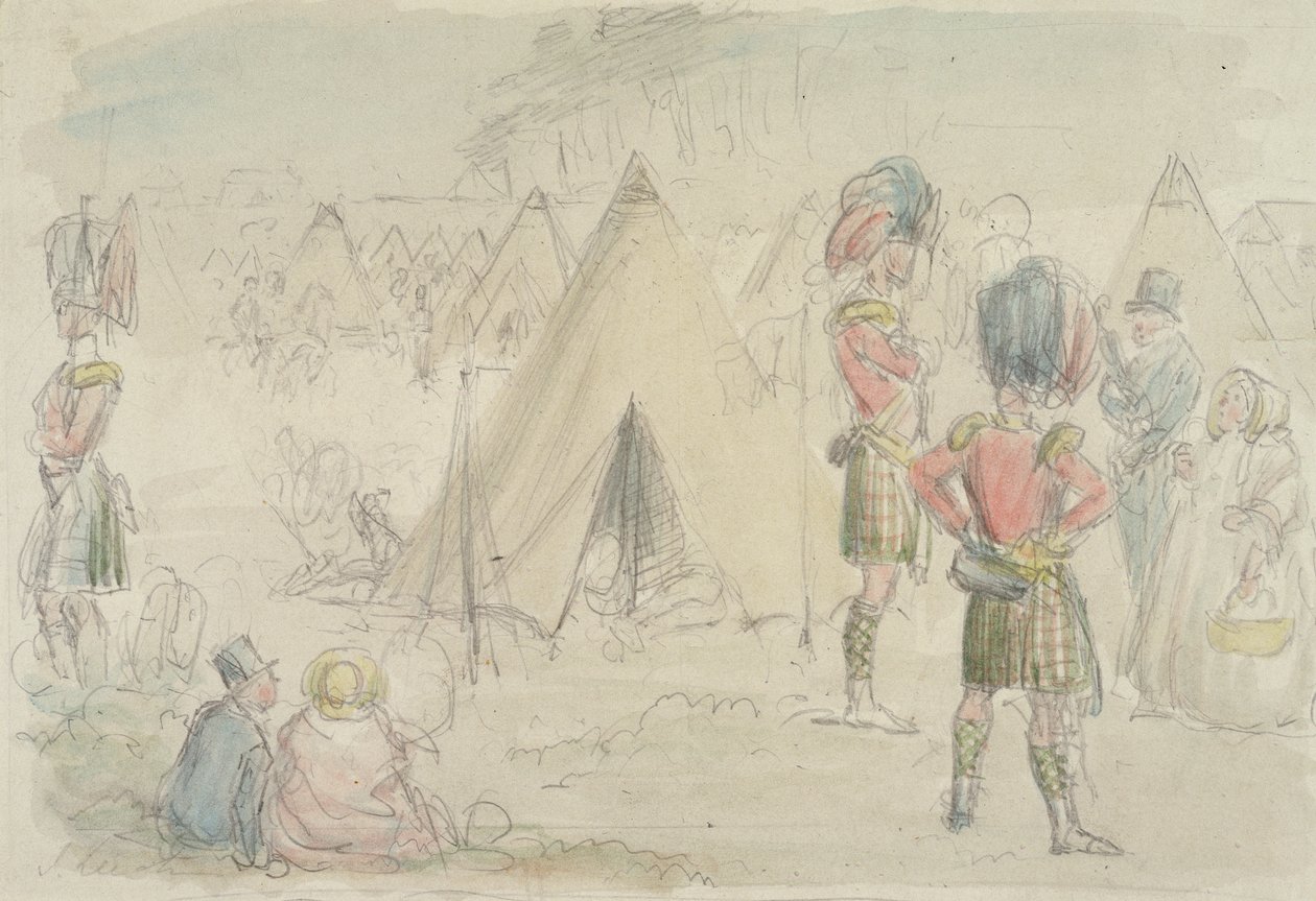 Highland Regiment in Camp (wc and graphite on paper) by John Leech