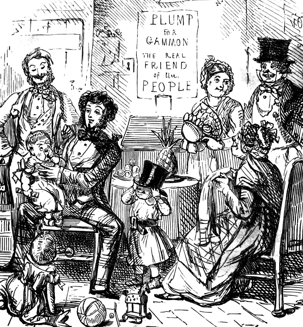 Birinci sınıf bir ailenin üyeleri bir mağazada birlikte vakit geçiriyor by John Leech