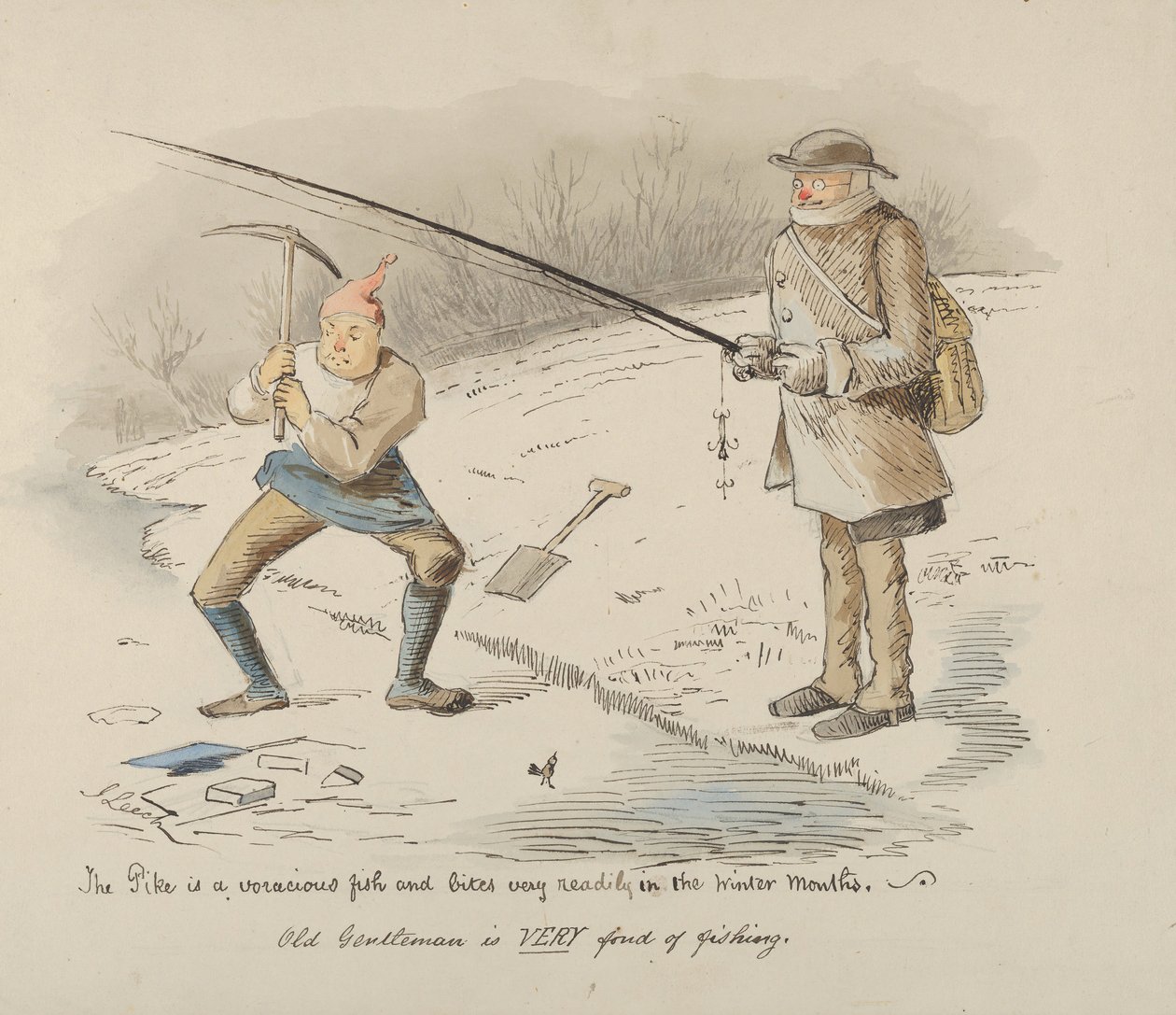 Turna doymak bilmez bir balıktır ve Kış aylarında kolayca ısırır-Old Gentleman..., 1830-64. by John Leech