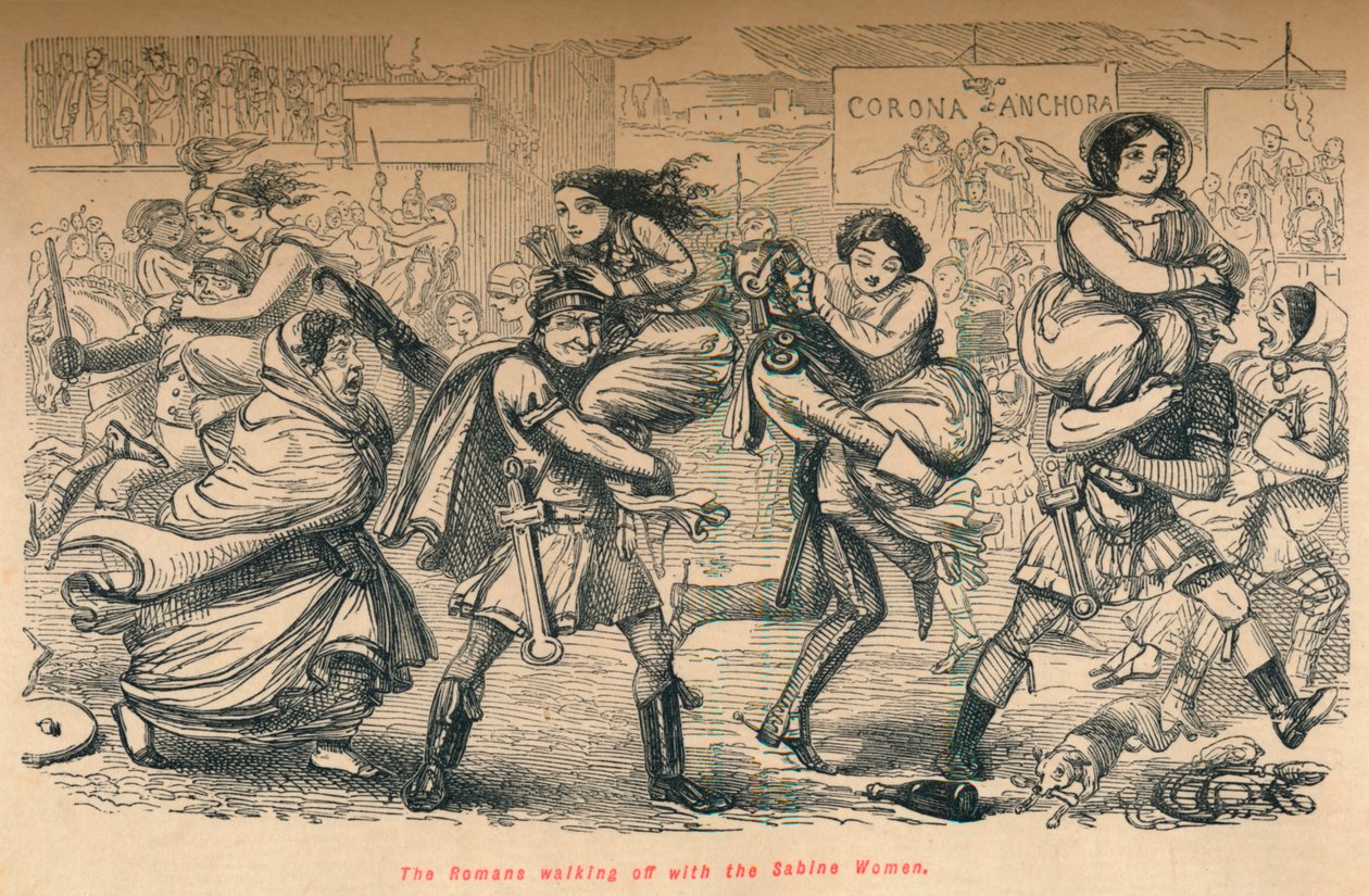 Sabine kadınlarıyla birlikte yürüyen Romalılar, 1852 by John Leech