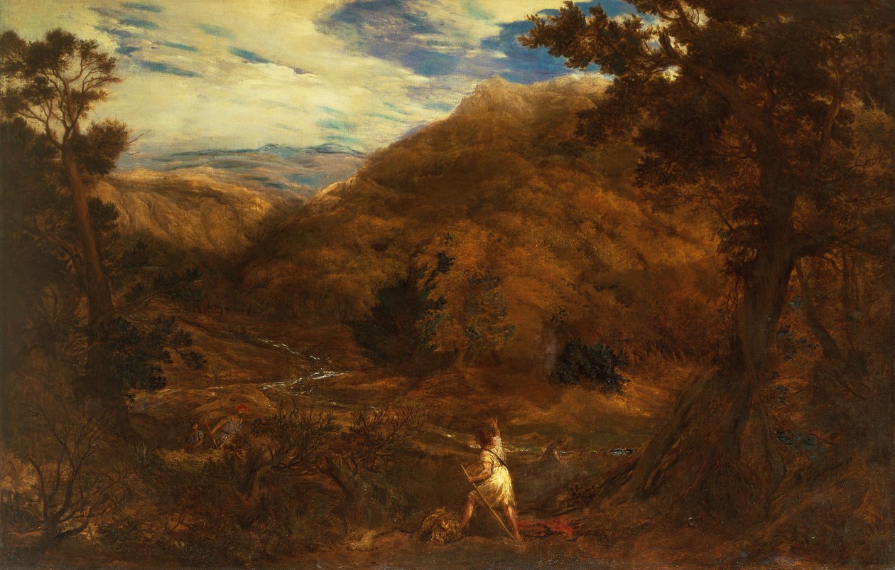 David ve Aslan ile Geniş Bir Dağlık Ormanlık Manzara by John Linnell