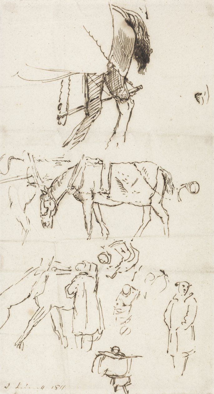 Atlar, İnsanlar ve Arabalar Çalışmaları, 1811 (kağıt üzerine kalem ve kahverengi mürekkep) by John Linnell