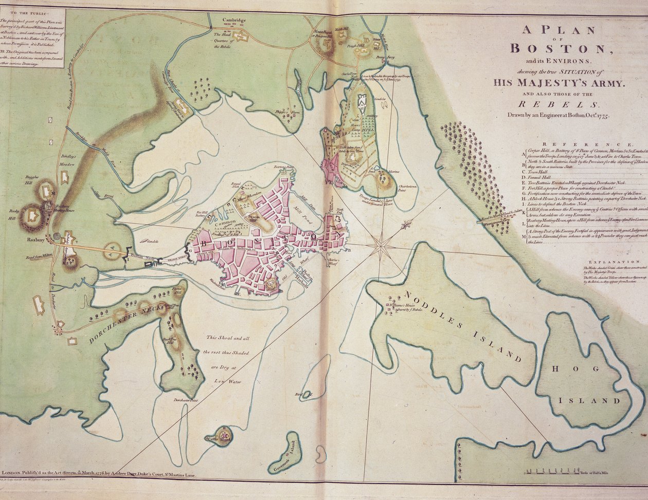 İngiliz kuvvetlerinin ve Asi Amerikan kuvvetlerinin konumunu gösteren Boston ve çevresinin, Ekim 1775