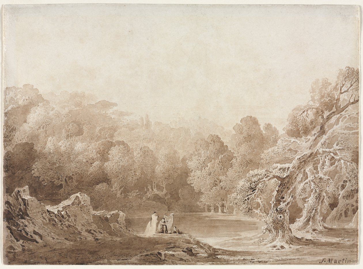 Bir Gölün Yanında Diğer Figürlerle Arp Çalan Bir Adam, 1820. by John Martin