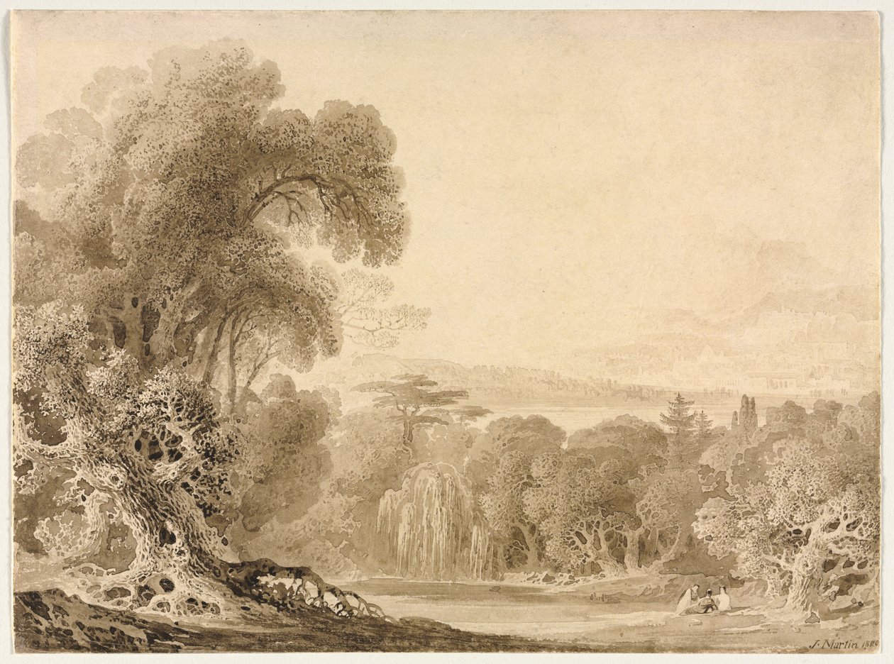 Ormanlık Bir Peyzajda Bir Gölün Yanında Oturan Figürler by John Martin