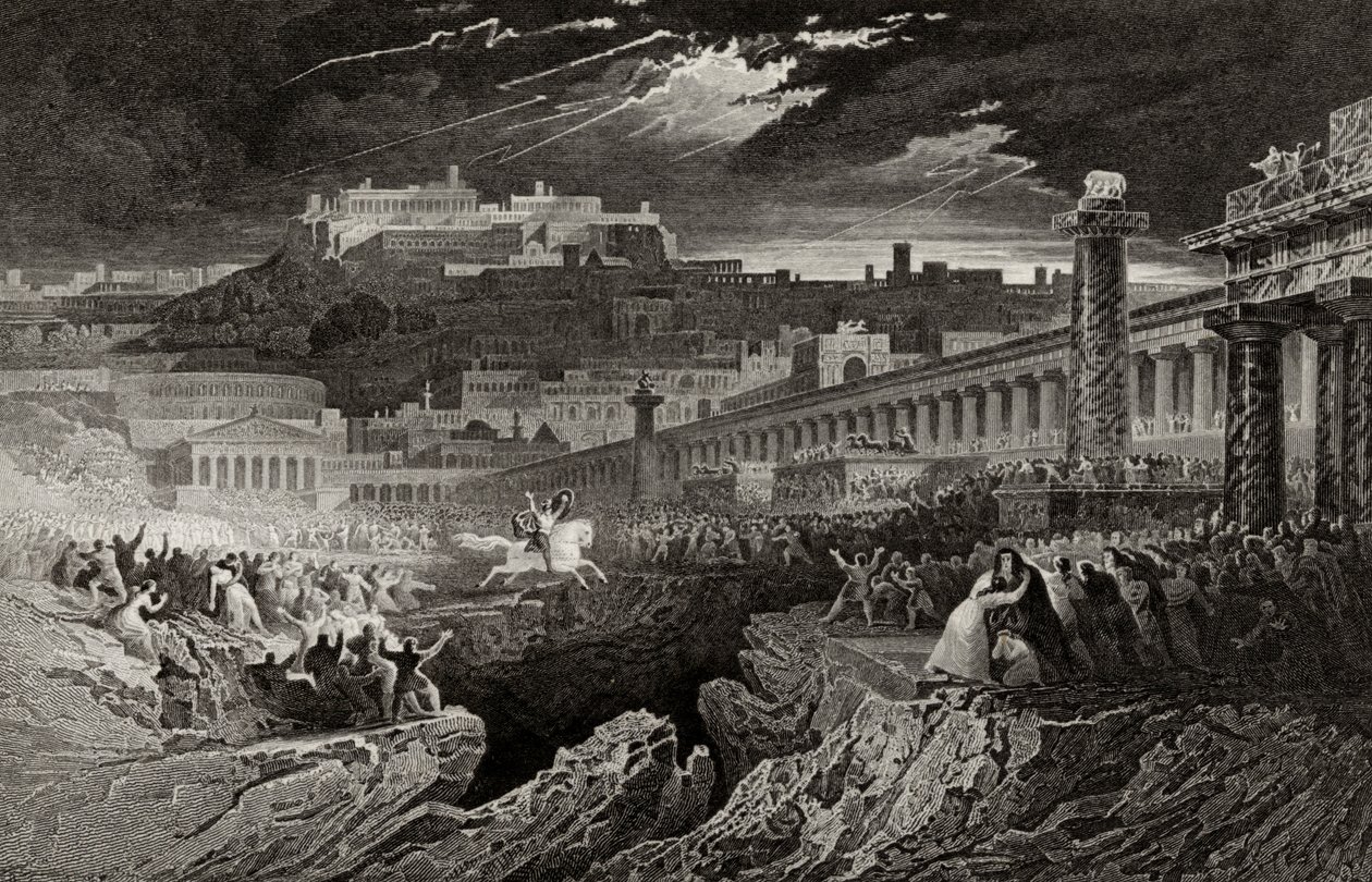 Marcus Curtius, H. Le Keux tarafından oyulmuş uçuruma doğru ilerliyor by John Martin