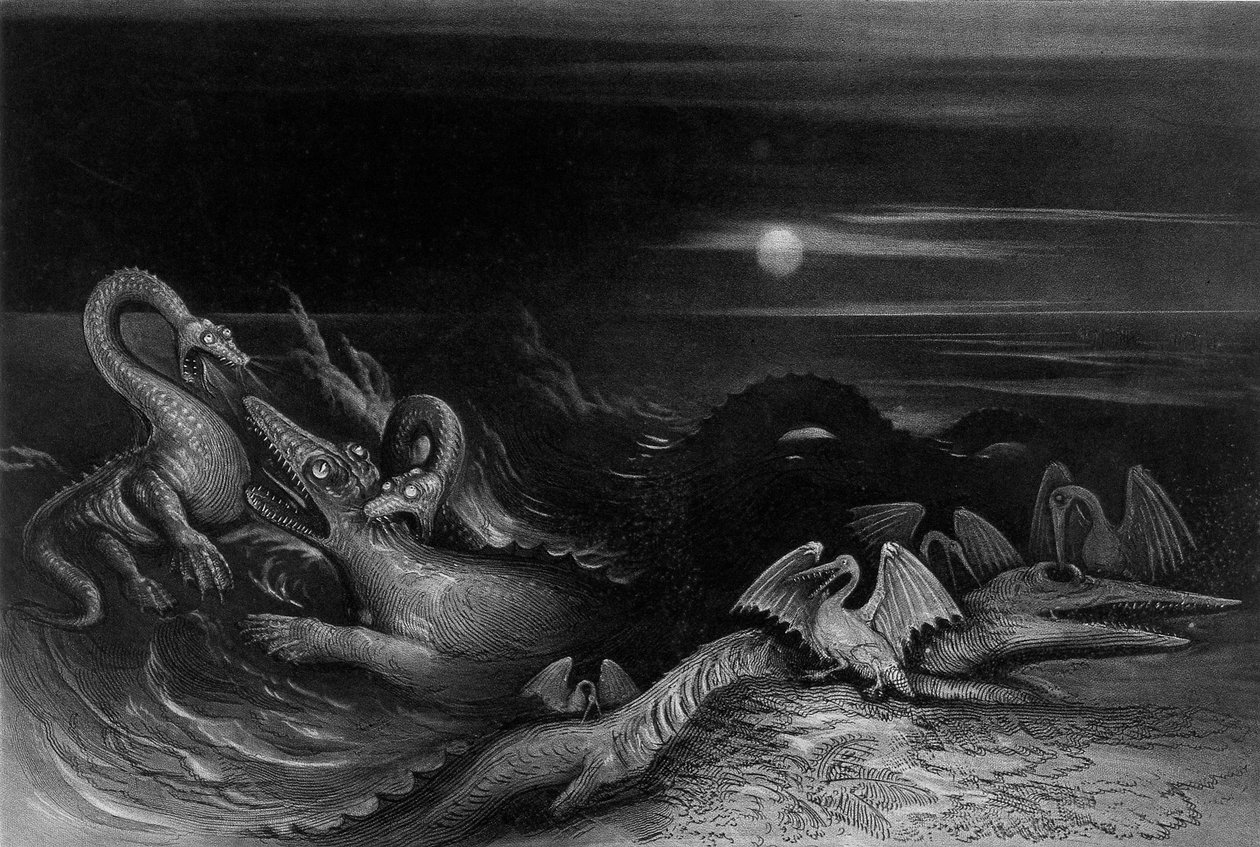 Plesiosaurus, Temnodontosaurus (Oligostinus) ile savaşıyor, 1840 by John Martin