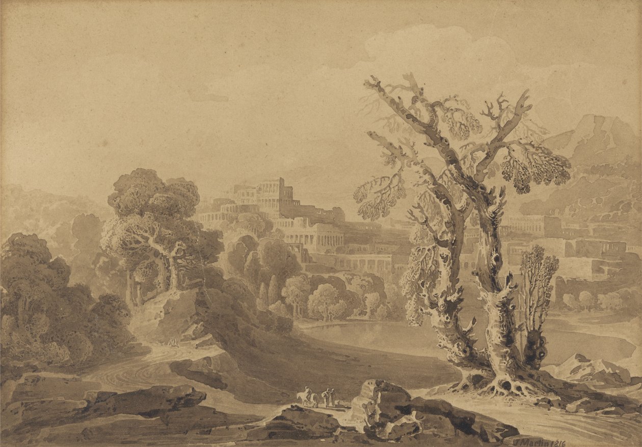 Başlıksız: Bir Manzarada Klasik Şehir, 1816 (kartta yıkama) by John Martin