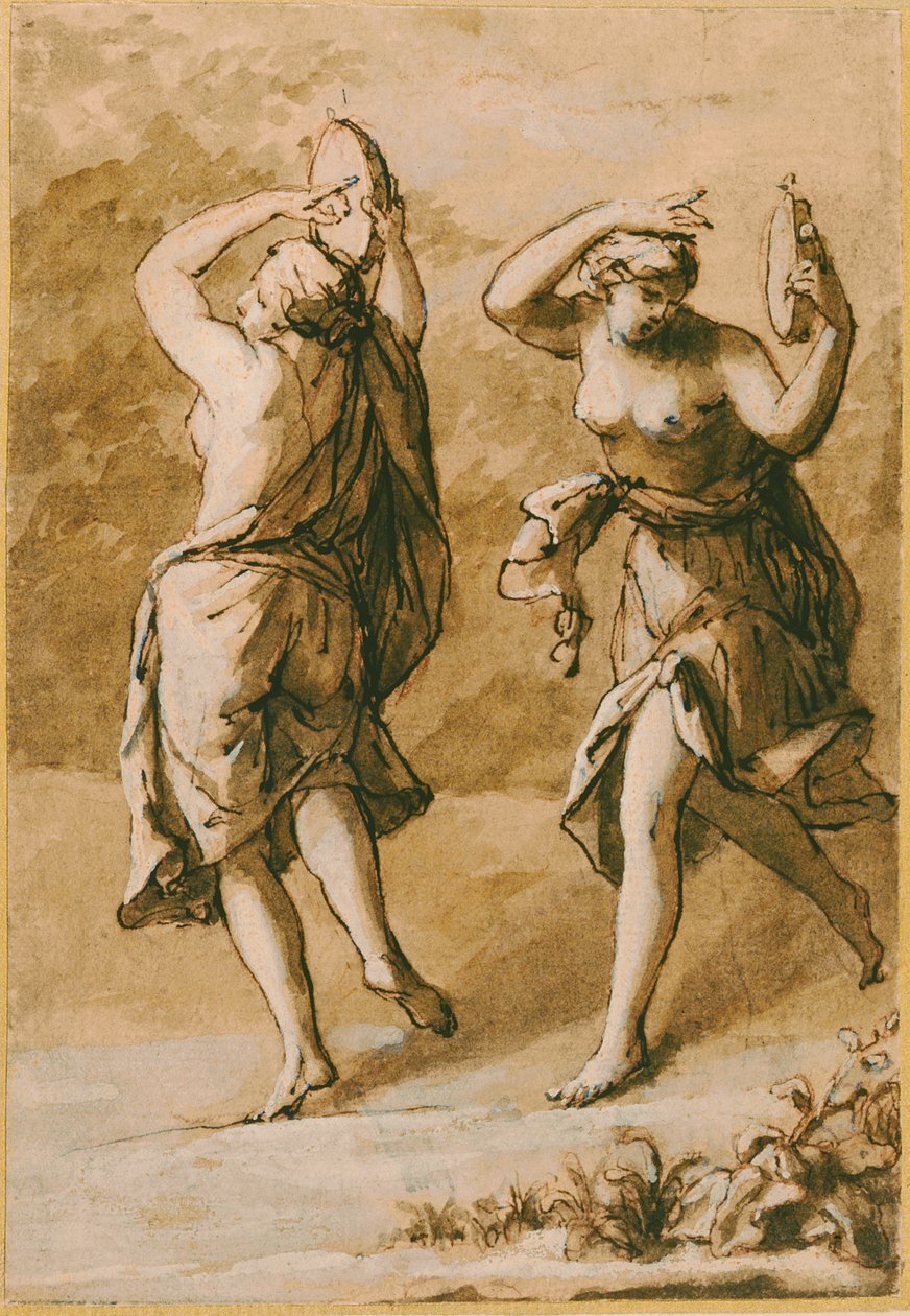 Two Maenads, A Study (kağıt üzerinde beyaz vurgular ve kahverengi mürekkeple kahverengi yıkama) by John Michael Rysbrack