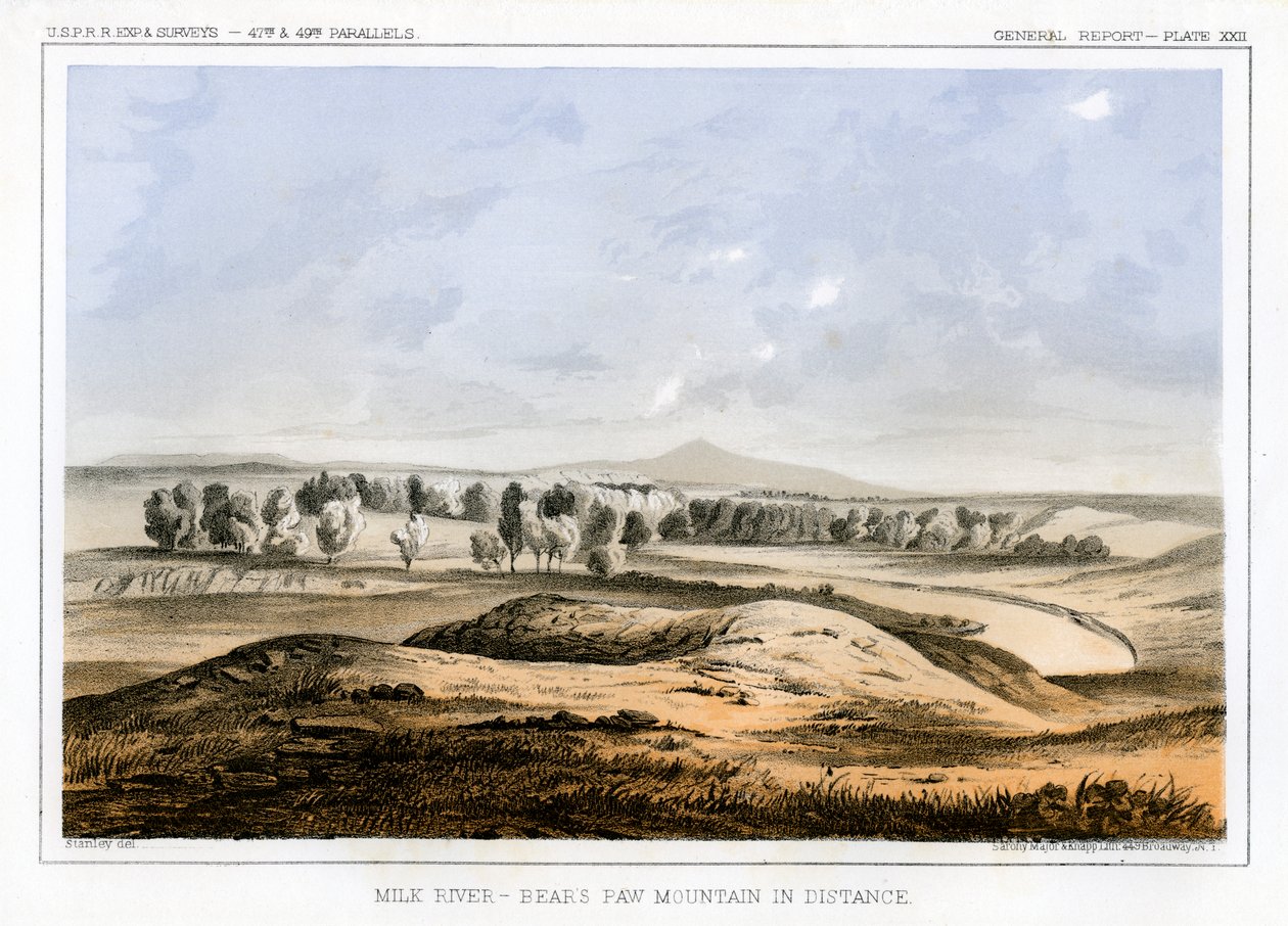 Uzakta Bears Paw Dağı ile Milk River, Montana, ABD, 1856. by John Mix Stanley
