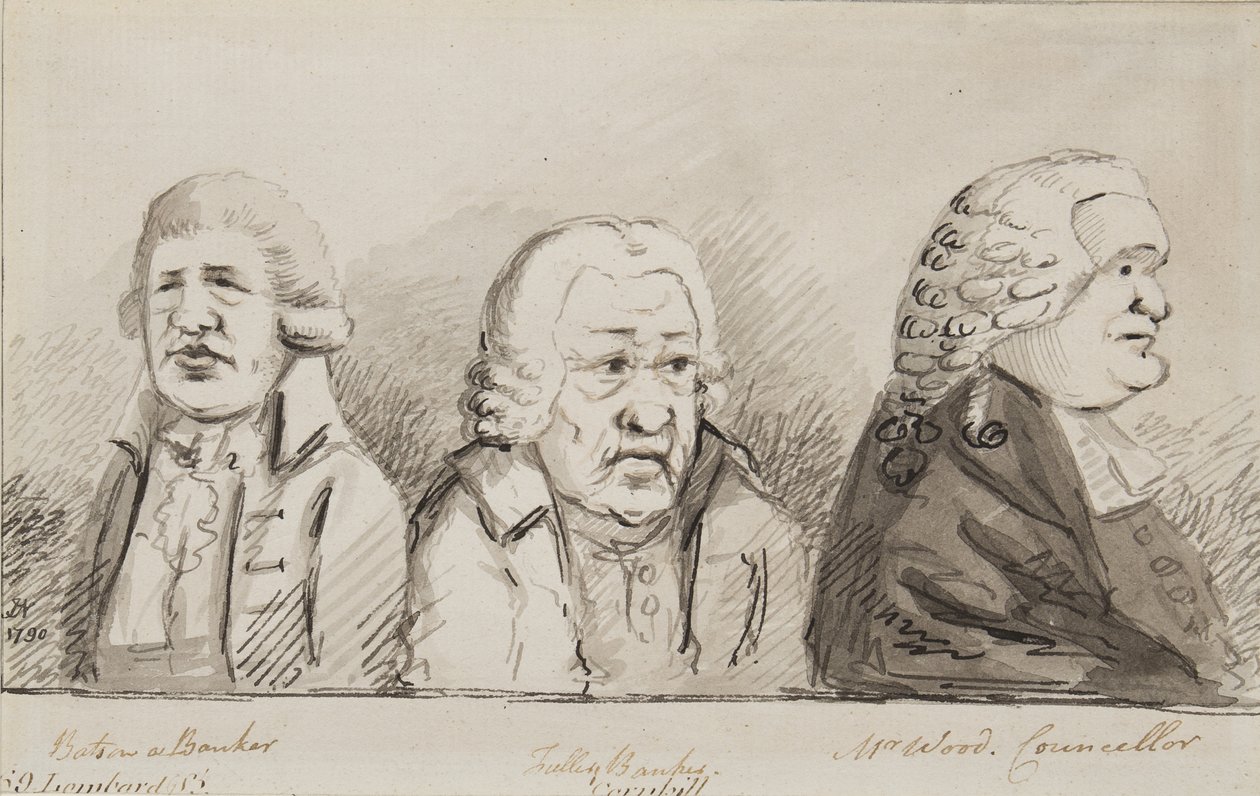Batson, a Banker, Tulley, Banker, Mr Wood, Councillor, 69 Lombard Street, Cornhill, 1790 (kağıt üzerinde kalem, fırça ve mürekkep) by John Nixon