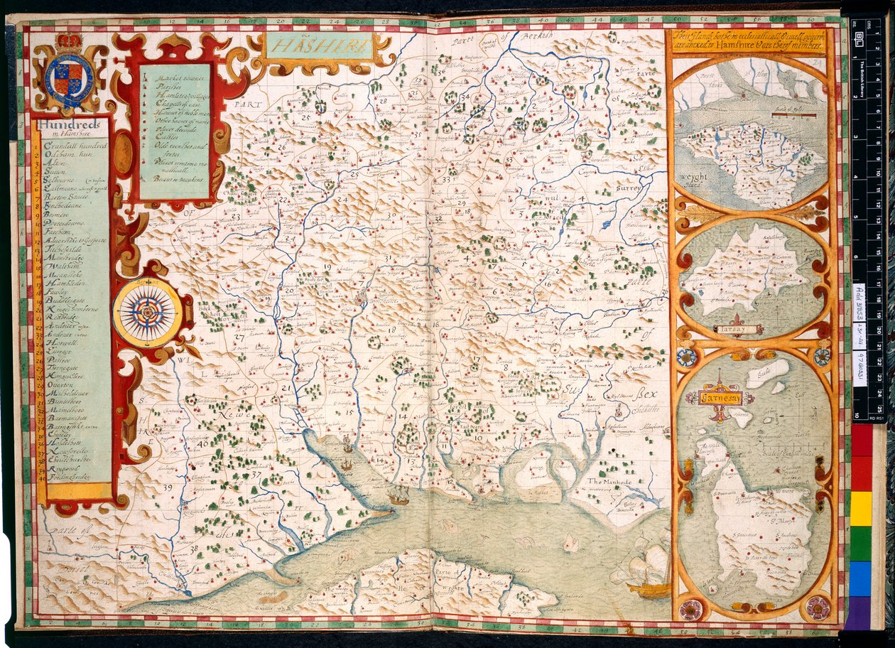 Ekle. 31853, ff.23-24, Southampton, Hampshire: Açıklaması, J. Norden tarafından, harita ile: 1595 (renkli gravür) by John Norden