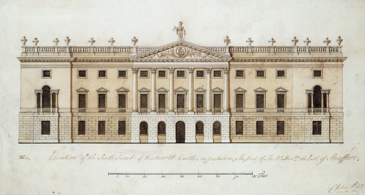 Wentworth Kalesi, güney cephesi için tasarım, c.1760 (kağıt üzerine kalem ve mürekkep ve suluboya) by John Platt