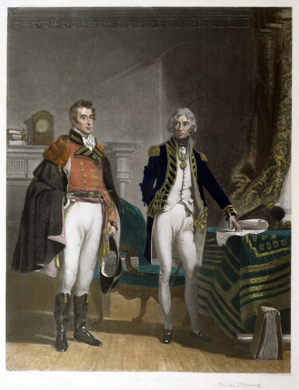 Tümgeneral Sir Arthur Wellesley ve Koramiral Horatio Nelson arasında bir toplantı, Eylül 1805, Samuel William Reynolds (1794-1872) tarafından oyulmuş, pub. kaydeden AJ Isaacs by John Prescott (after) Knight