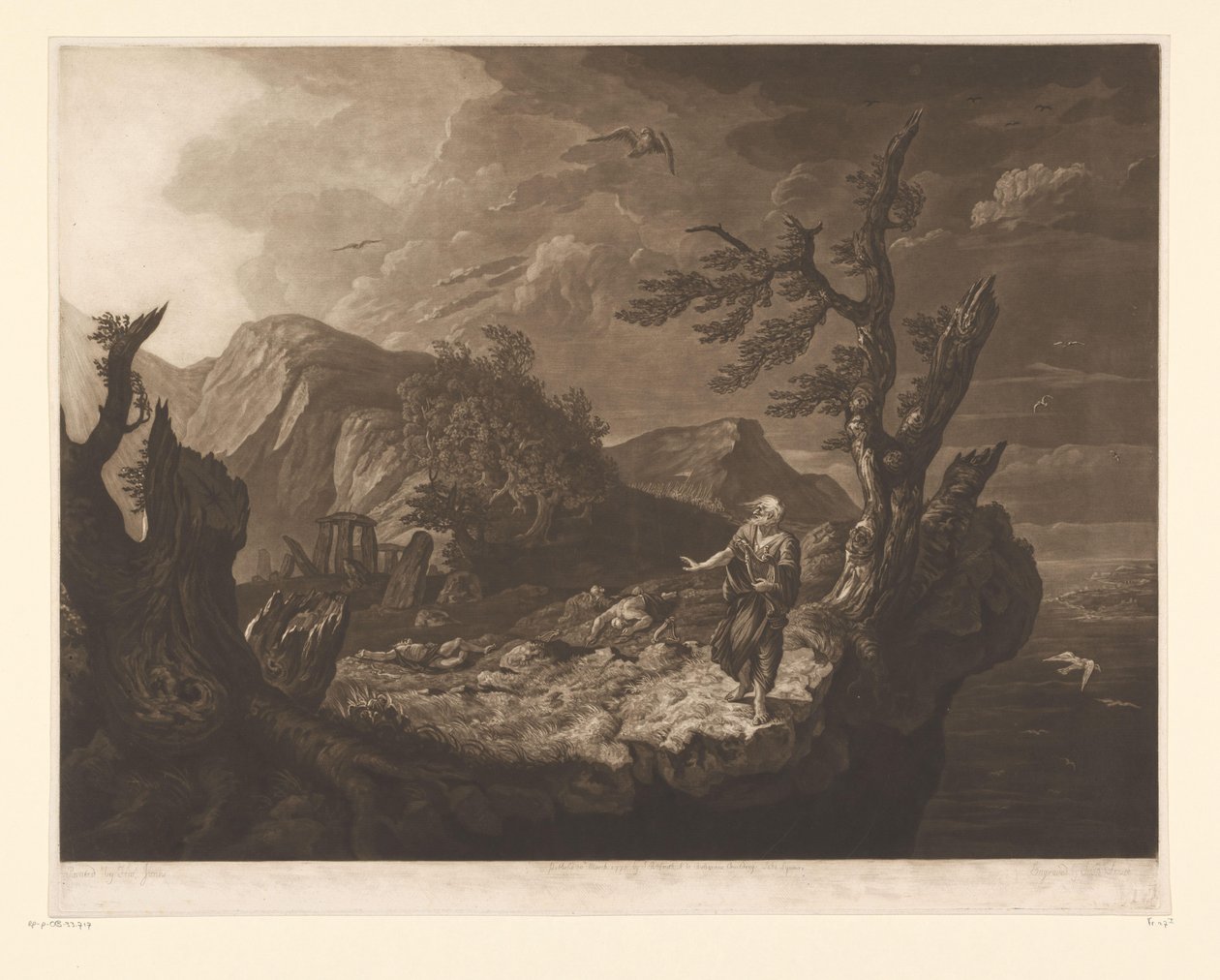 Bir uçurumun kenarında ozan ile fırtınalı manzara by John Raphael Smith
