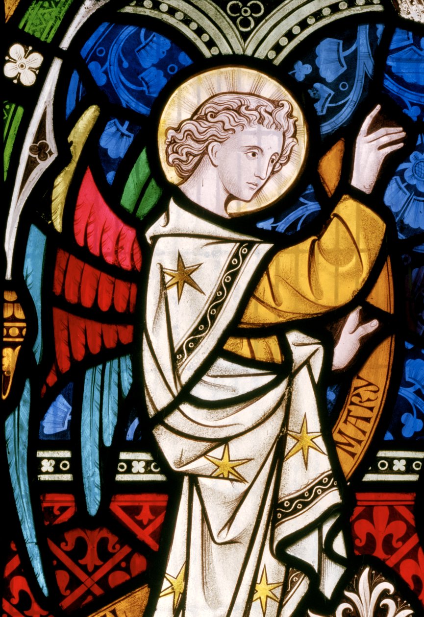 Maulden, St Mary, Doğu Penceresi, ayrıntı, Clayton ve Bell, John Richard Clayton (1827-1913), Melek, ayrıntı, Majesteleri İsa, c.1859 Mary by John Richard Clayton
