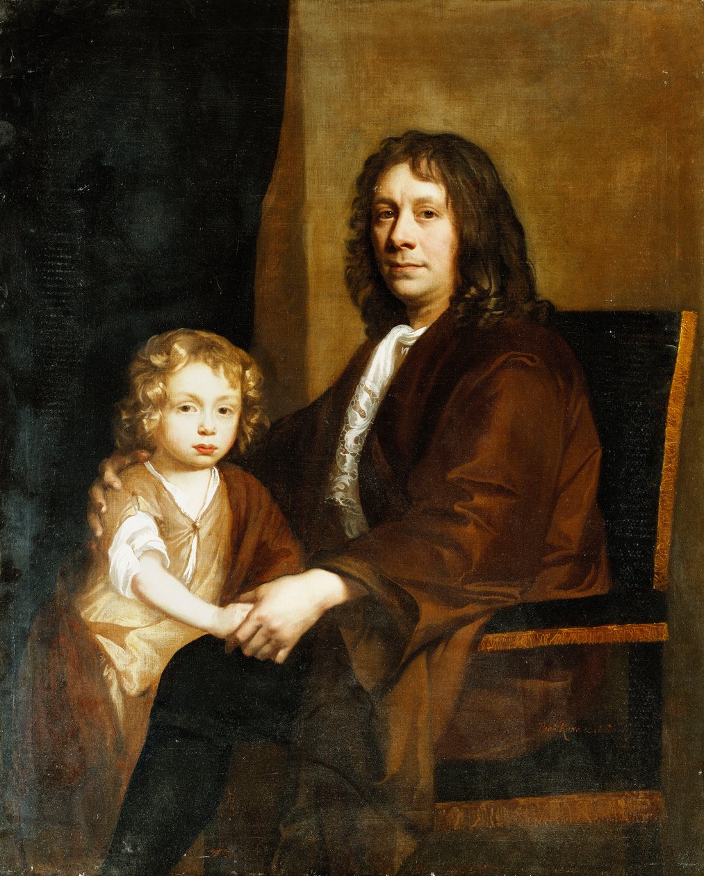 Üç Çeyrek Boy Oturan Thomas Rowe ve Oğlunun Portresi, İlki Kahverengi Elbiseli, İkincisi Kahverengi Elbiseli ve Şallı, by John Riley
